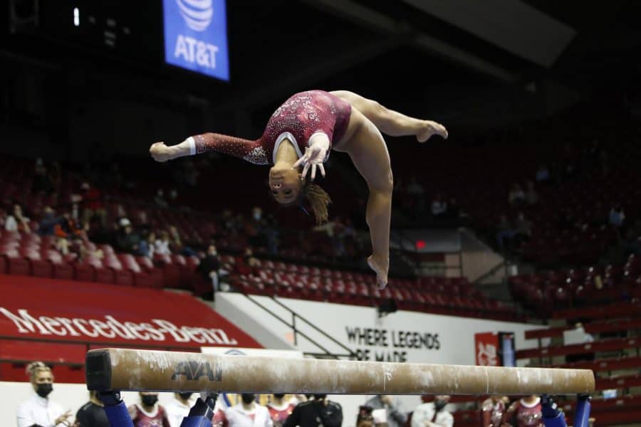 Three Alabama gymnasts scored 9.9 or higher on the balance beam. 