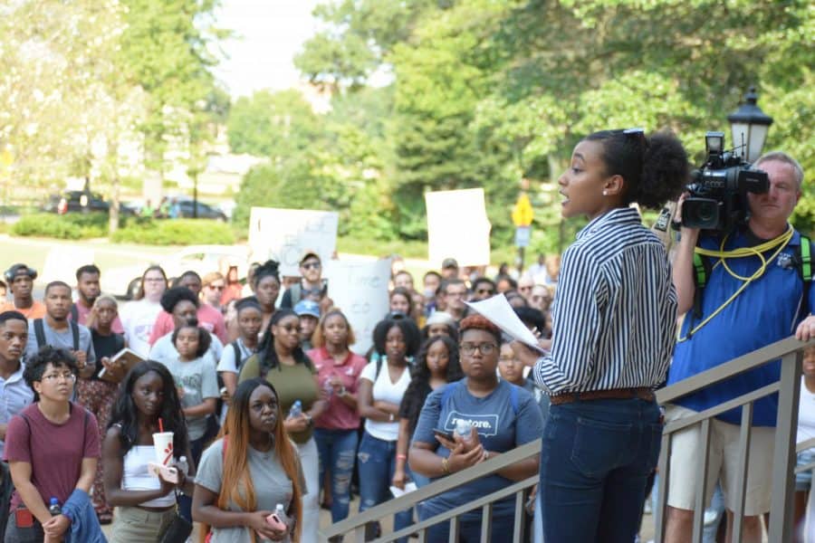 Farrah Sanders (right) led a march to Rose Administration in the fall of 2019 to raise concerns about free speech and racism on campus.