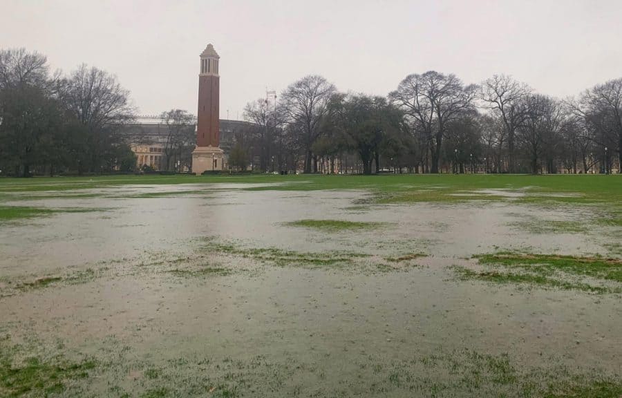 Rain floods the Quad on the UA campus in February 2020. 