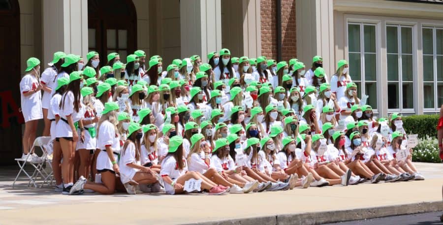 A group of sorority pledges on bid day. The vast majority of the women are white.