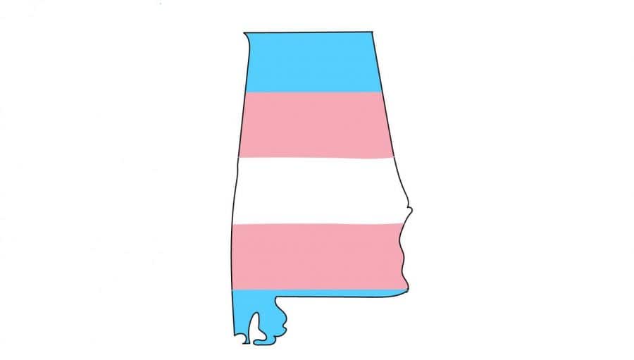 Digital illustration of the transgender pride flag superimposed over the state of Alabama