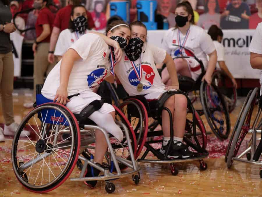 The Alabama womens wheelchair basketball team celebrates winning the NWBA Collegiate Wheelchair National Championship for the 2020-2021 season.