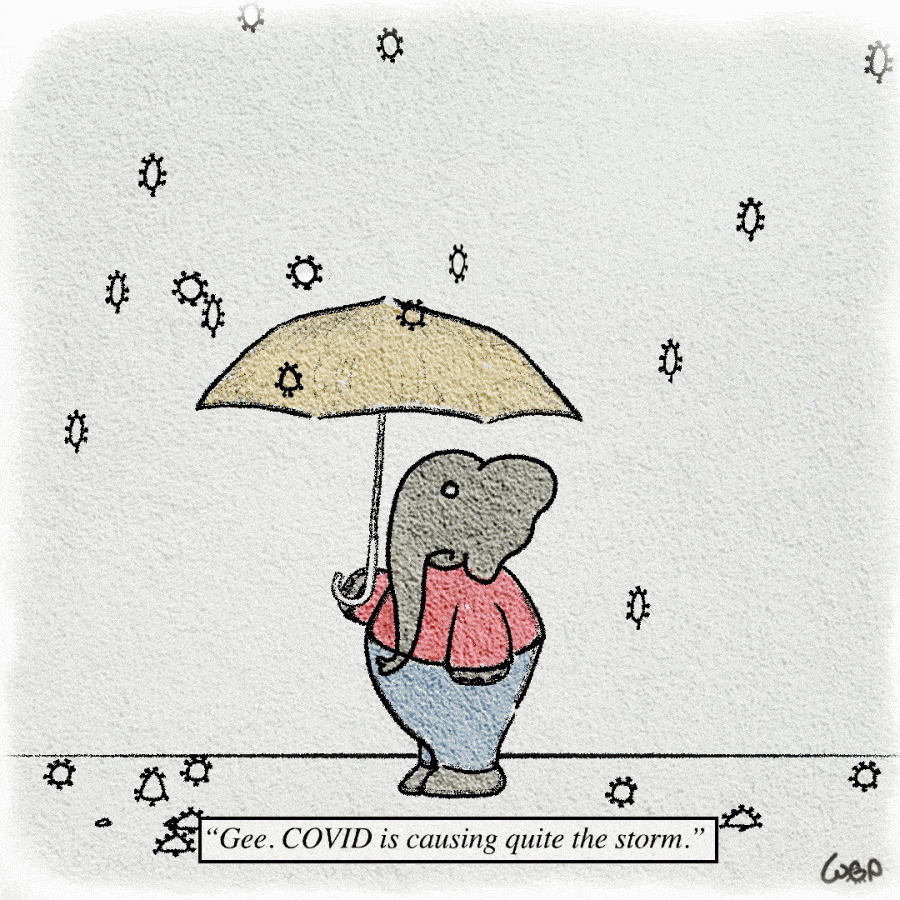 An elephant holding an umbrella to protect himself from COVID particles falling from the sky.