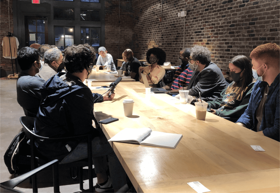 UA+students+join+professors+Daniel+Levine+and+Waleed+Hazbun+at+Monarch+Espresso+Bar+to+discuss+Americas+withdrawal+from+Afghanistan.+