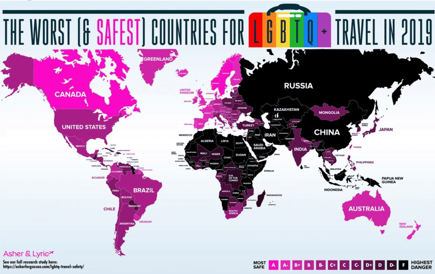 Graphique illustrant les pays les plus sûrs pour les voyages LGBTQ+ en 2019.