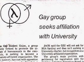 A cover story in April 1983 reports the controversy surrounding the establishment of the Gay Student Union. 