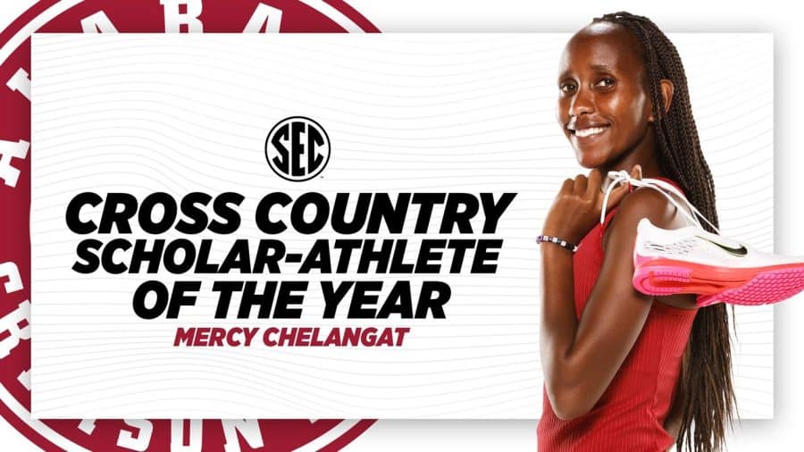 An infographic with a photo of Mercy Chelangat that says SEC cross country scholar-athlete of the year Mercy Chelangat.