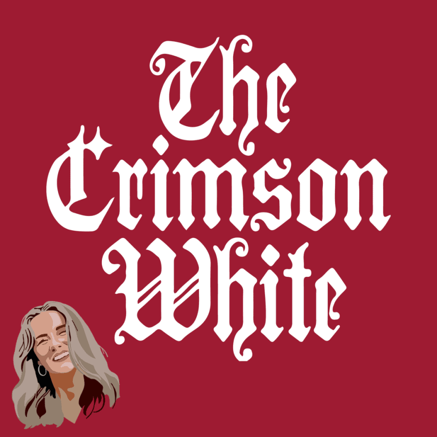A digital illustration of Keely Brewer next to The Crimson White logo.