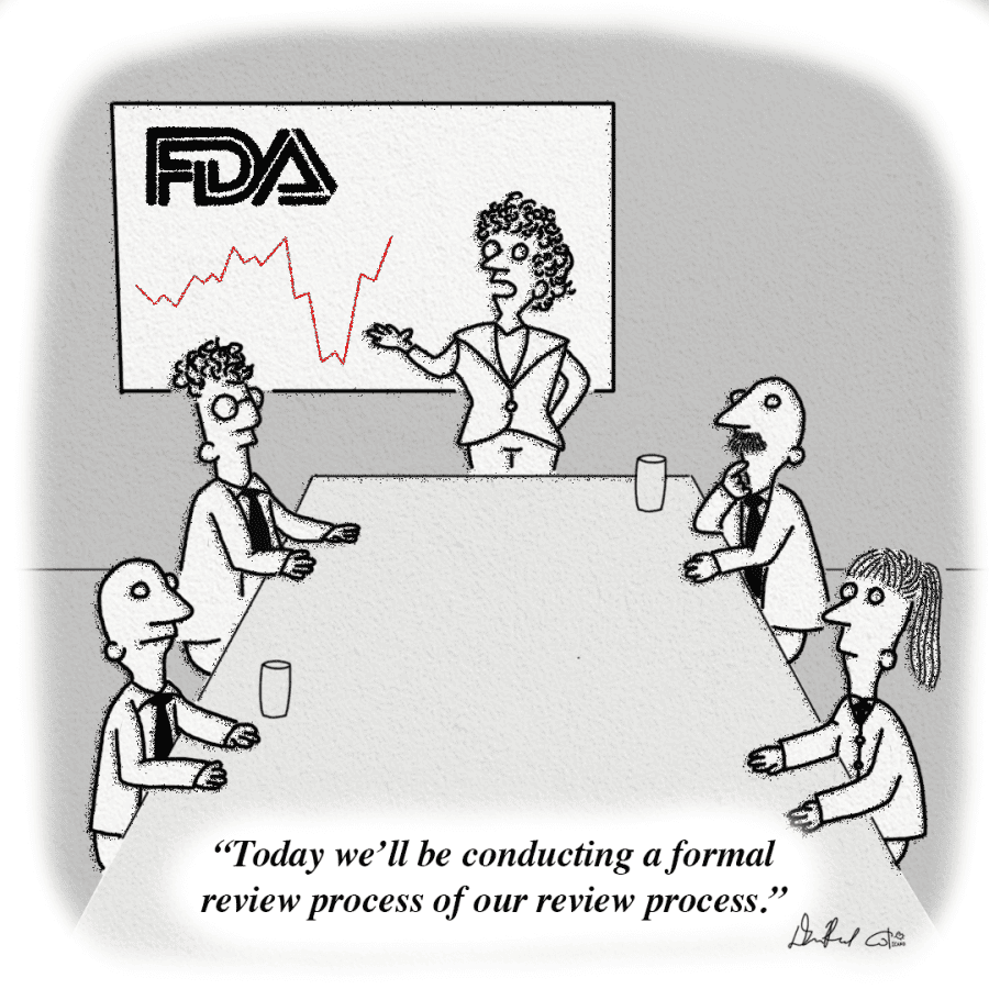A group of people in a boardroom viewing a graph labeled FDA. The caption reads, Today well be conducting a formal review process of our review process.