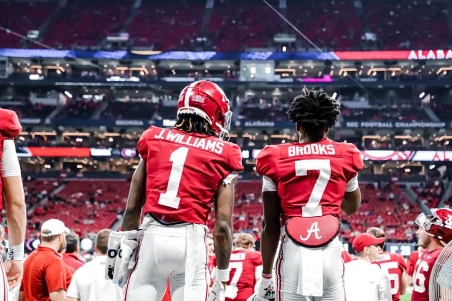 Wide receivers Jameson Williams and JaCorey Brooks moments before kickoff at the SEC championship game on Dec. 4, 2021. 