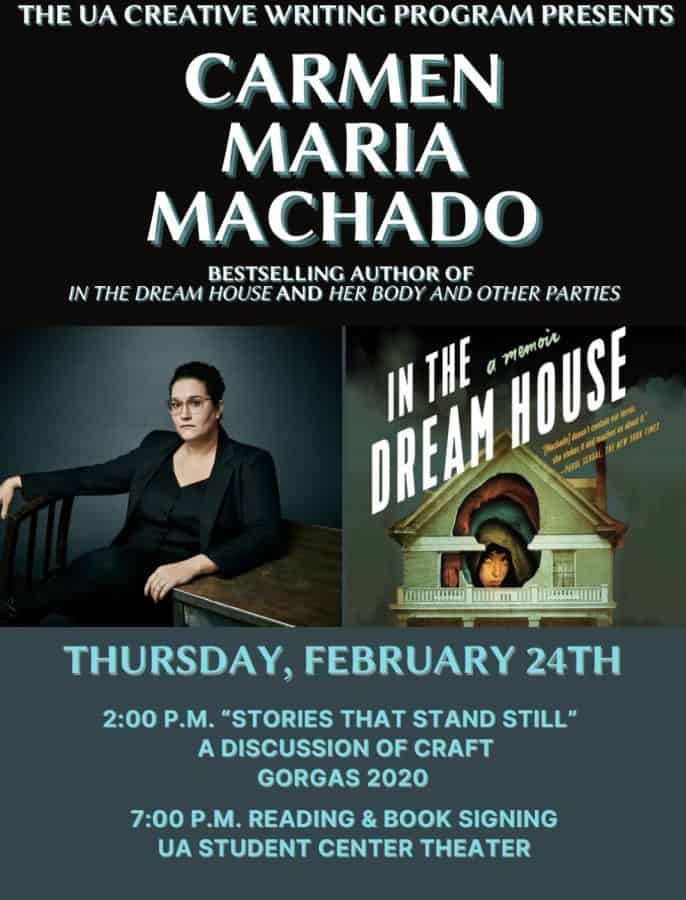 Poster detailing author Carmen Maria Machados visit to UA.