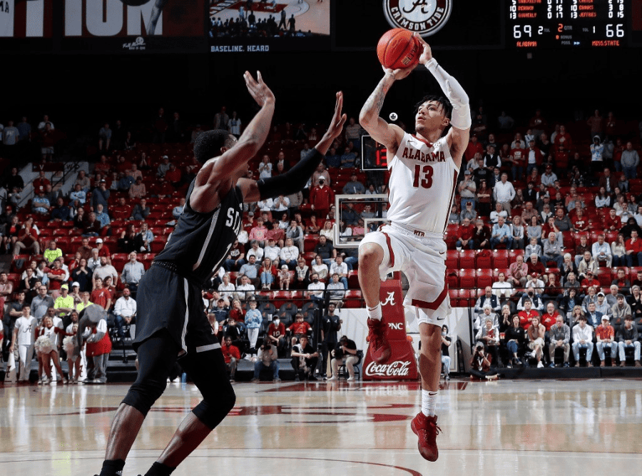 Alabama+guard+Jahvon+Quinerly+%2813%29+shoots+a+step-back+jumper+over+Bulldogs+guard+Iverson+Molinar+%281%29+in+the+Crimson+Tide%E2%80%99s+80-75+win+Wednesday+night+at+Coleman+Coliseum.