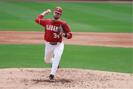 Alabama right-hander Jacob McNairy fires a pitch in the Crimson Tide’s 6-3 victory over the Jacksonville State Gamecocks on Feb. 22 at Sewell-Thomas Stadium in Tuscaloosa, Alabama.