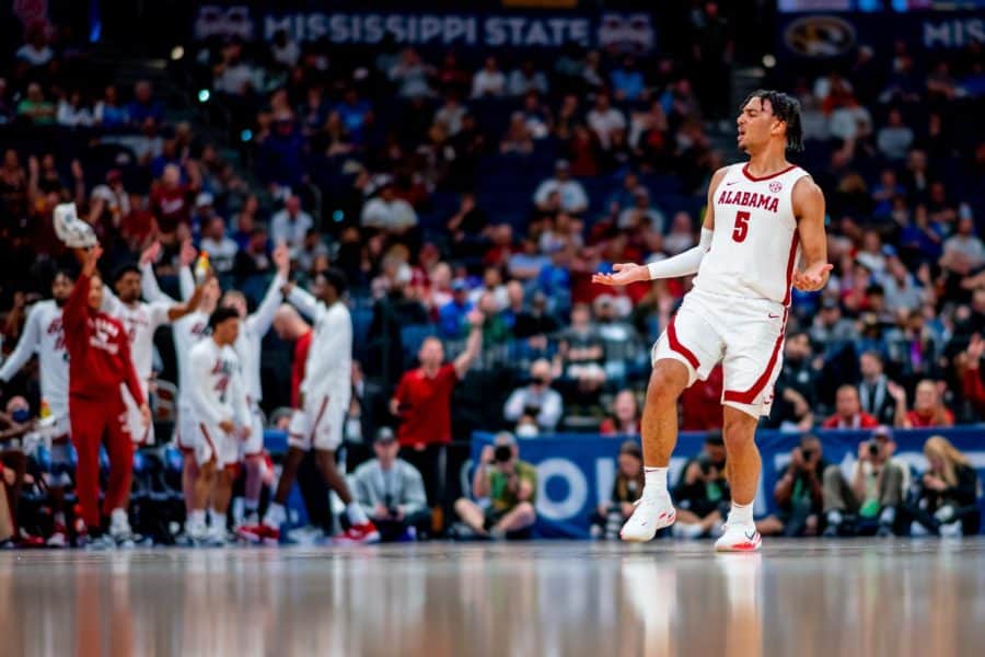 Alabama+guard+Jaden+Shackelford+%285%29+reacts+to+a+made+jump+shot+against+Vanderbilt+in+the+second+round+of+the+SEC+Tournament+on+March+10+at+Amalie+Arena+in+Tampa%2C+Florida.
