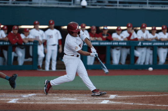 Alabama catcher Dominic Tamez (3) swings the bat in the Crimson Tide’s 13-6 loss to the Florida Gators on March 19 at Sewell-Thomas Stadium in Tuscaloosa, Alabama.