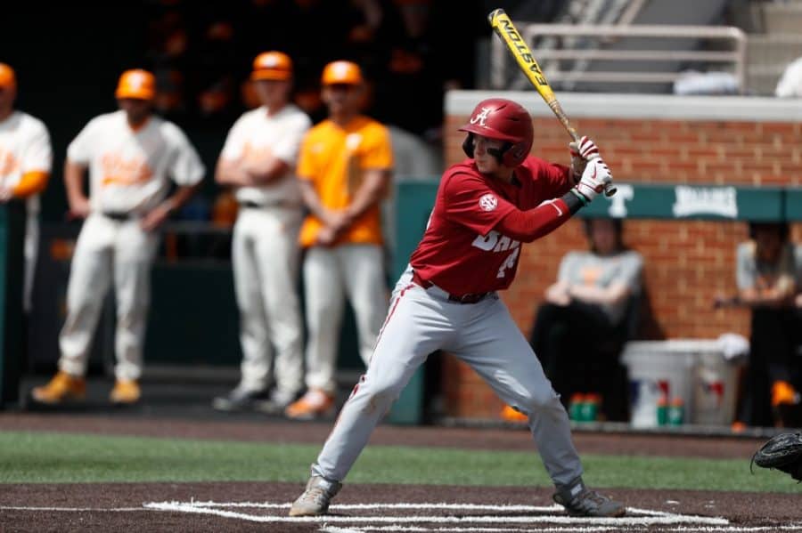 Alabama+third+baseman+Zane+Denton+%2844%29+gets+ready+to+swing+the+bat+in+the+Crimson+Tide%E2%80%99s+15-4+loss+to+the+No.+1+Tennessee+Volunteers+on+April+17+at+Lindsey+Nelson+Stadium+in+Knoxville%2C+Tennessee.