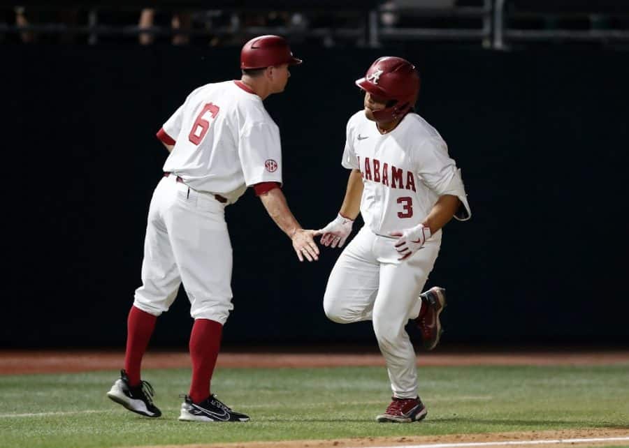 Alabama catcher Dominic Tamez (3) rounds the bases after a home run in the Crimson Tide’s 4-2 loss to the No. 14 Georgia Bulldogs on April 22 at Sewell-Thomas Stadium in Tuscaloosa, Alabama.