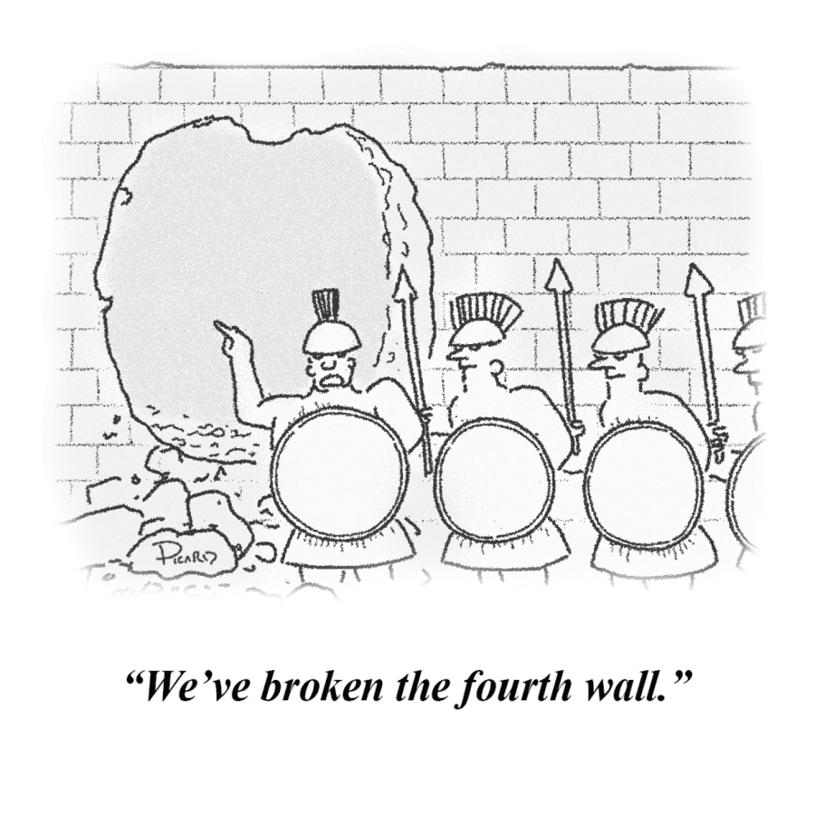 A group of soldiers standing near a broken wall with the caption, Weve broken the fourth wall.