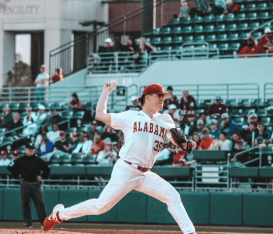 Alabama starting pitcher Garrett McMillan winds up for a pitch in the Crimson Tide’s 3-2 loss to the Texas A&M Aggies on April 1 at Sewell-Thomas Stadium in Tuscaloosa, Alabama. 