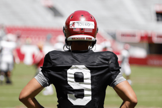 Alabama quarterback Bryce Young looks on during the Crimson Tide’s scrimmage on April 9 at Bryant-Denny Stadium in Tuscaloosa, Alabama.