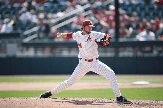 Alabama RHP Jacob McNairy (34) throws a pitch in the Crimson Tide’s 3-0 loss to the No. 14 Georgia Bulldogs on April 23 at Sewell-Thomas Stadium in Tuscaloosa, Alabama.