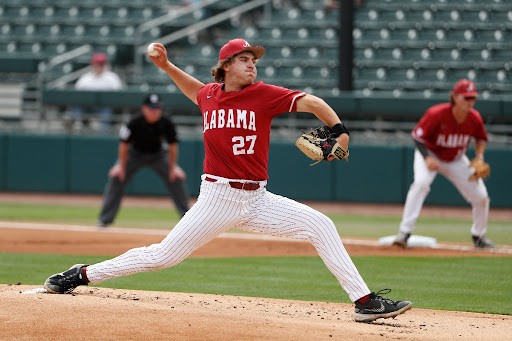 Alabama starting pitcher Ben Hess (27) winds up for a pitch in the Crimson Tide’s 3-1 win over the Belmont Bruins on April 12, at Sewell-Thomas Stadium in Tuscaloosa, Alabama. 