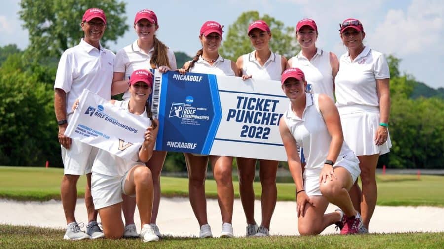 The Alabama women's golf team poses after finishing second in the NCAA Franklin Regional at the Vanderbilt Legends Club North Course in Franklin, Tennessee.
