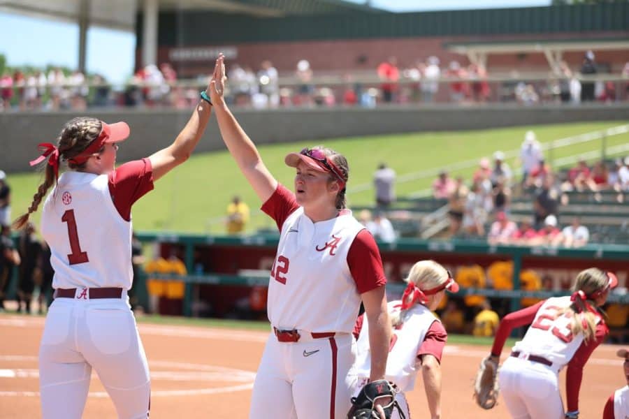 Alabama first baseman Kaylee Tow (12) fires up her teammates in the Crimson Tides 3-1 victory over the No. 23 Missouri Tigers on May 8 at Rhoads Stadium in Tuscaloosa, Alabama.