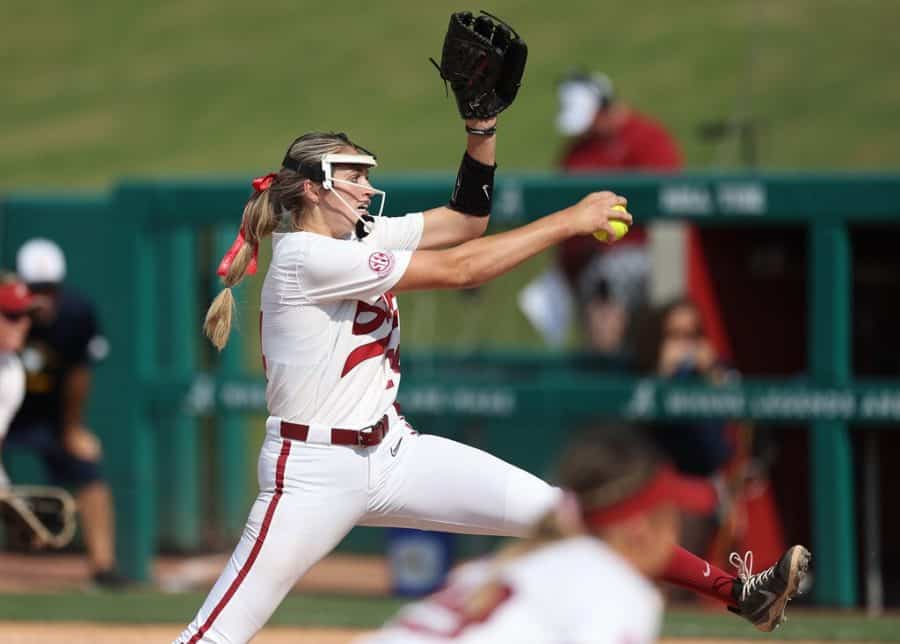 Alabama pitcher Montana Fouts (14) throws a pitch in the Crimson Tide’s 3-0 victory over the Chattanooga Mocs on May 20 at Rhoads Stadium in Tuscaloosa, Alabama.
