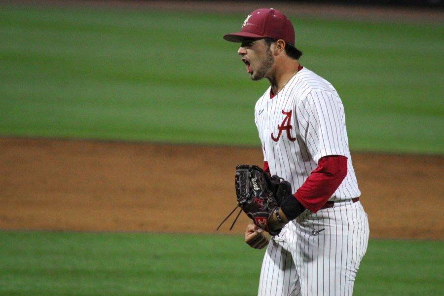 Alabama starting pitcher Jacob McNairy (34) in the Crimson Tide’s 8-3 win over the No. 20 LSU Tigers on April 7 at Sewell-Thomas Stadium in Tuscaloosa, Alabama.