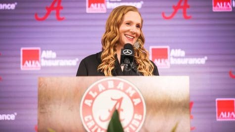 Ashley Priess-Johnston is introduced as the new head gymnastics coach on May 27 in the Naylor Stone Media Room in the Mal Moore Athletic Facility in Tuscaloosa, Alabama.