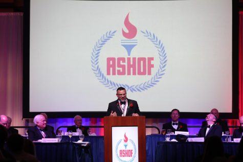 Alabama softball coach Patrick Murphy gives his induction speech at the Alabama Sports Hall of Fame ceremony on May 7 at the Sheraton Birmingham Hotel in Birmingham, Alabama.