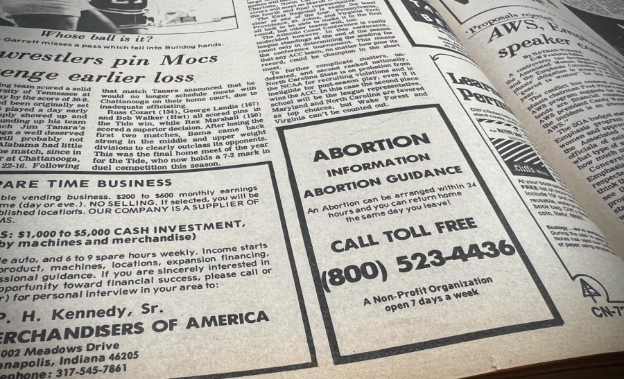 A 1973 edition of The Crimson White displays an ad for abortion services following the Roe v. Wade decision. 