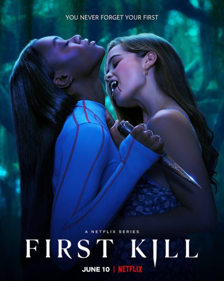 Netflixs First Kill Poster, depicting two teenage female individuals in an embrace, one of whom appears to be a vampire about to strike